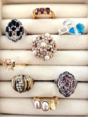 Vintage Costume Statement Ring Lot of 8 Rhinestone, Faux Pearls - Missing Stones